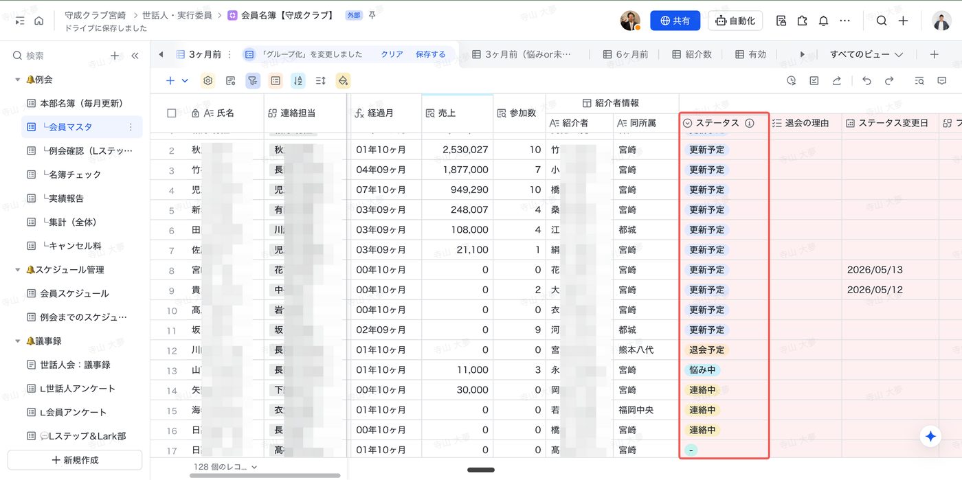 Lark Base 宮崎会場 会員マスタ。経過月・売上・参加数・ステータス（更新予定／連絡中／退会予定／悩み中）・退会理由を一覧管理
